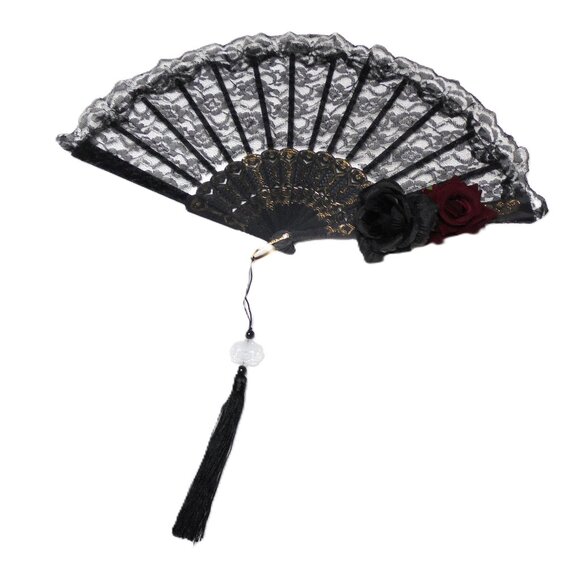 Hand fan black lace with roses and tussle NEW - Picture 6 of 7